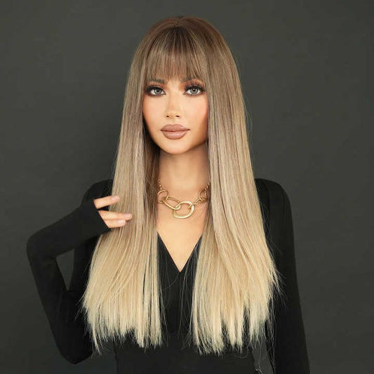 28-inch brown and gold long straight wig, heat-resistant, high-quality long straight brown women's synthetic wig
