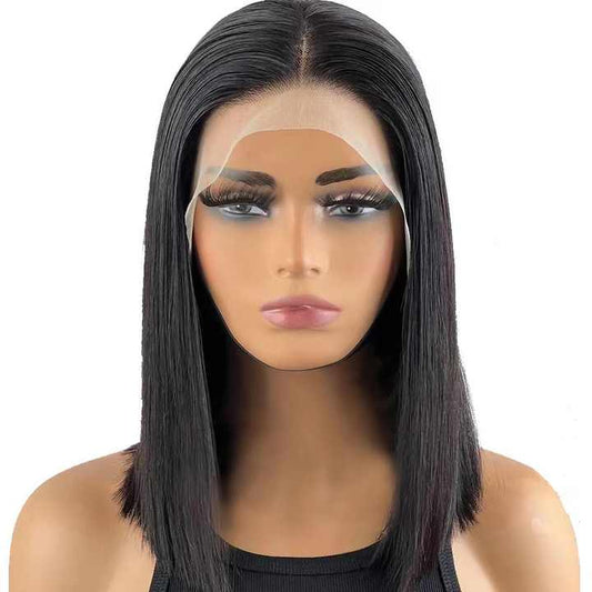 14 Inch Natural Black Brazilian Hair HD Lace Wig Glueless 150% Density Bone Straight Cut Layered Lace Wig Transparent Lace