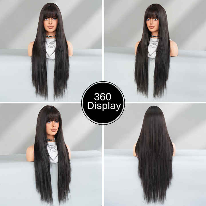 Wig for women with long straight hair, natural-looking bangs, fashionable, silky smooth, soft and smooth hair.