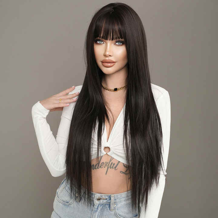 Wig for women with long straight hair, natural-looking bangs, fashionable, silky smooth, soft and smooth hair.