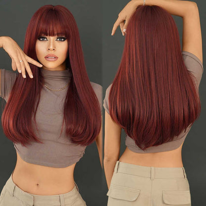 Wine-red wig for women, long straight wig with natural bangs, fashionable, silky smooth, soft and shiny hair.