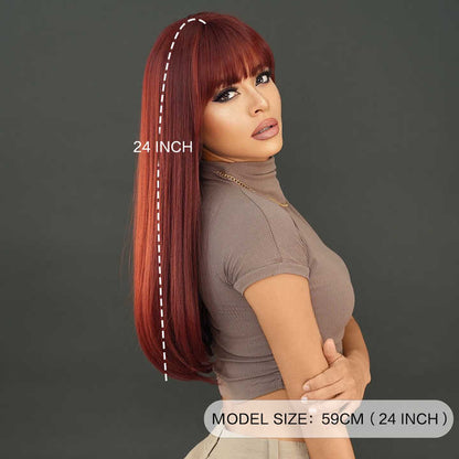 Wine-red wig for women, long straight wig with natural bangs, fashionable, silky smooth, soft and shiny hair.