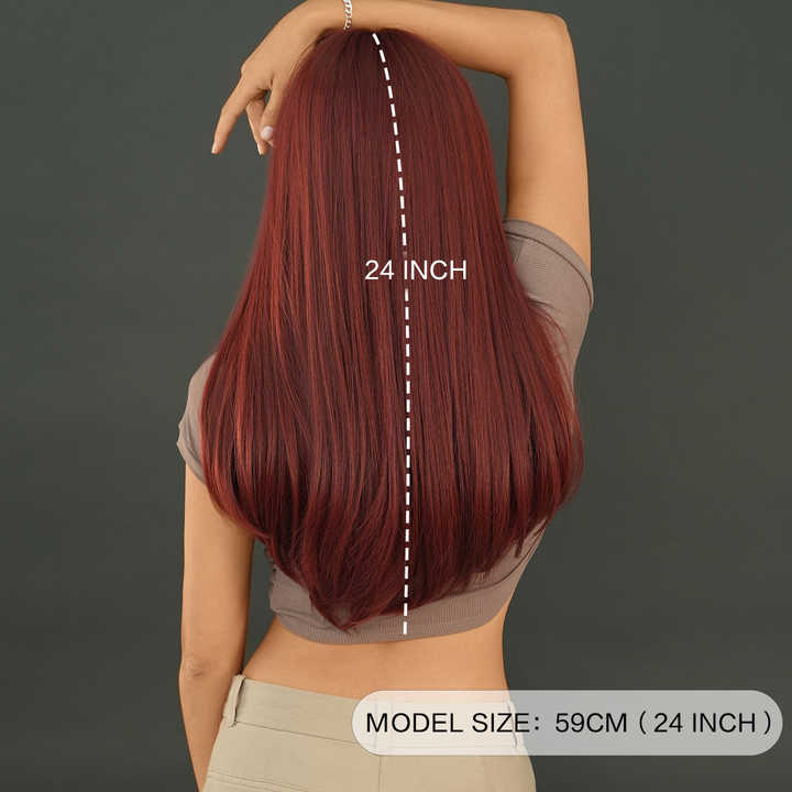 Wine-red wig for women, long straight wig with natural bangs, fashionable, silky smooth, soft and shiny hair.