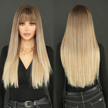 28-inch brown and gold long straight wig, heat-resistant, high-quality long straight brown women's synthetic wig