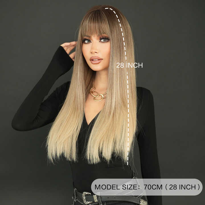 28-inch brown and gold long straight wig, heat-resistant, high-quality long straight brown women's synthetic wig