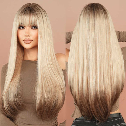 Fringe wig 28in gray-white gold wig brown roots and brown ends dye natural synthetic layered highlights wig
