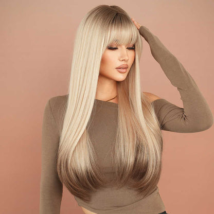 Fringe wig 28in gray-white gold wig brown roots and brown ends dye natural synthetic layered highlights wig