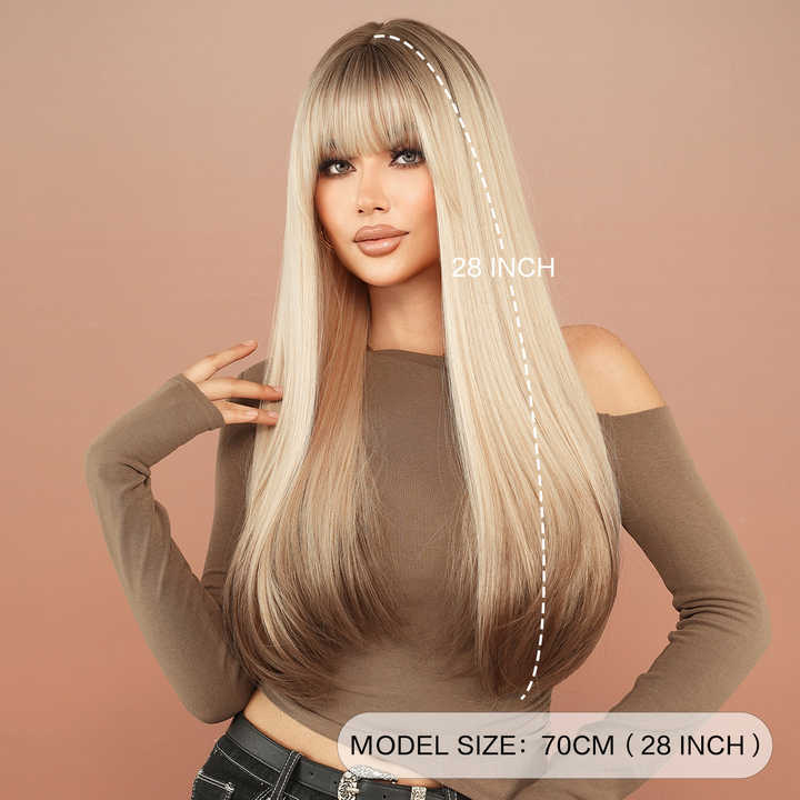 Fringe wig 28in gray-white gold wig brown roots and brown ends dye natural synthetic layered highlights wig