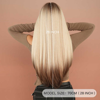 Fringe wig 28in gray-white gold wig brown roots and brown ends dye natural synthetic layered highlights wig