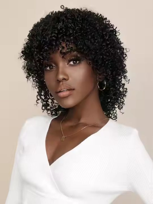 Short Curly Afro Wigs for Black Women, Soft & Natural Kinky Curly Wig, Glueless Synthetic Wig with Bangs, Natural Black Wig 16"