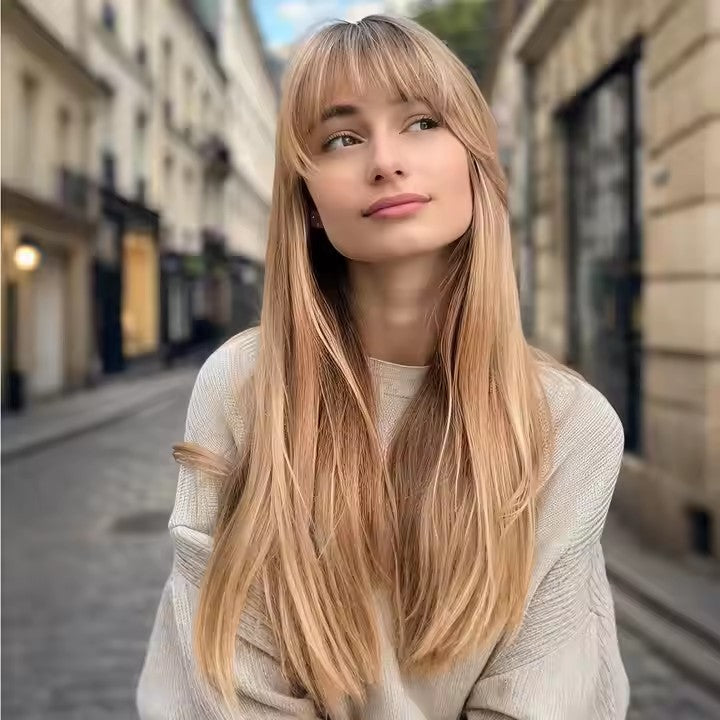 2025 Popular Fashion Wigs African Wigs Full Bangs Brown Long Straight High Temperature Silk Synthetic