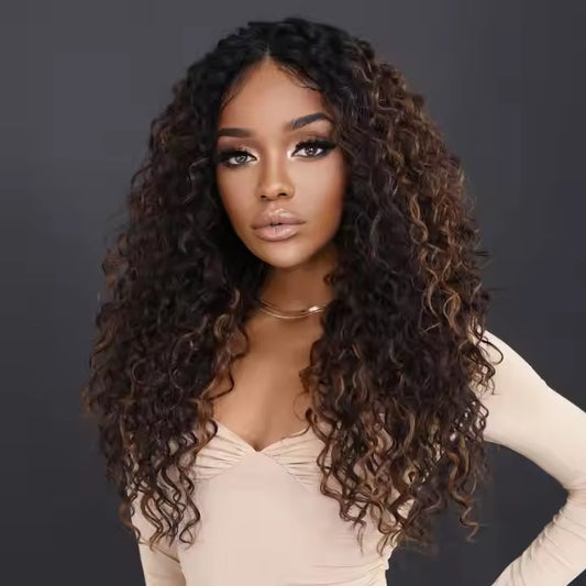 Highlight Black Blonde Lace Front Wig African Curly Black Women's Central Water Wave