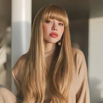 2025 Popular Fashion Wigs African Wigs Full Bangs Brown Long Straight High Temperature Silk Synthetic