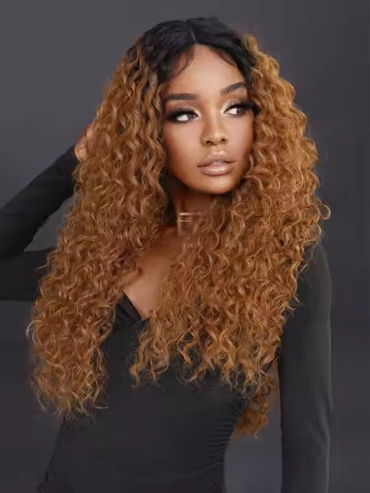 Blonde Lace Front Wig African Curly Black Women's Middle Part Light Brown