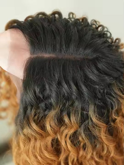 Blonde Lace Front Wig African Curly Black Women's Middle Part Light Brown