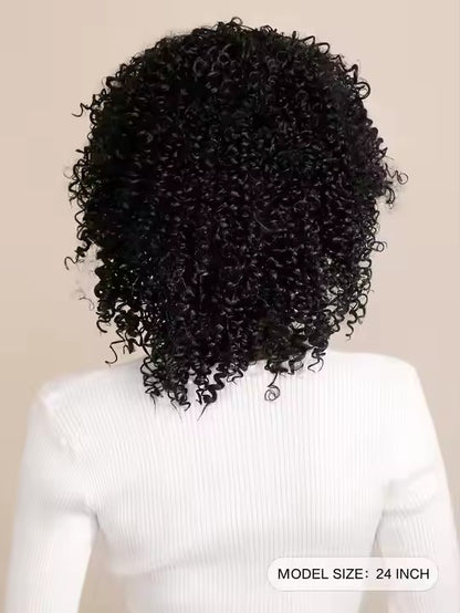 Short Curly Afro Wigs for Black Women, Soft & Natural Kinky Curly Wig, Glueless Synthetic Wig with Bangs, Natural Black Wig 16"